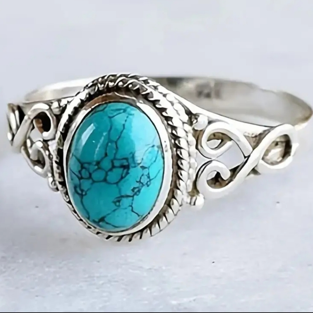 Sterling Silver Turquoise Oval Ring with Scrollwork